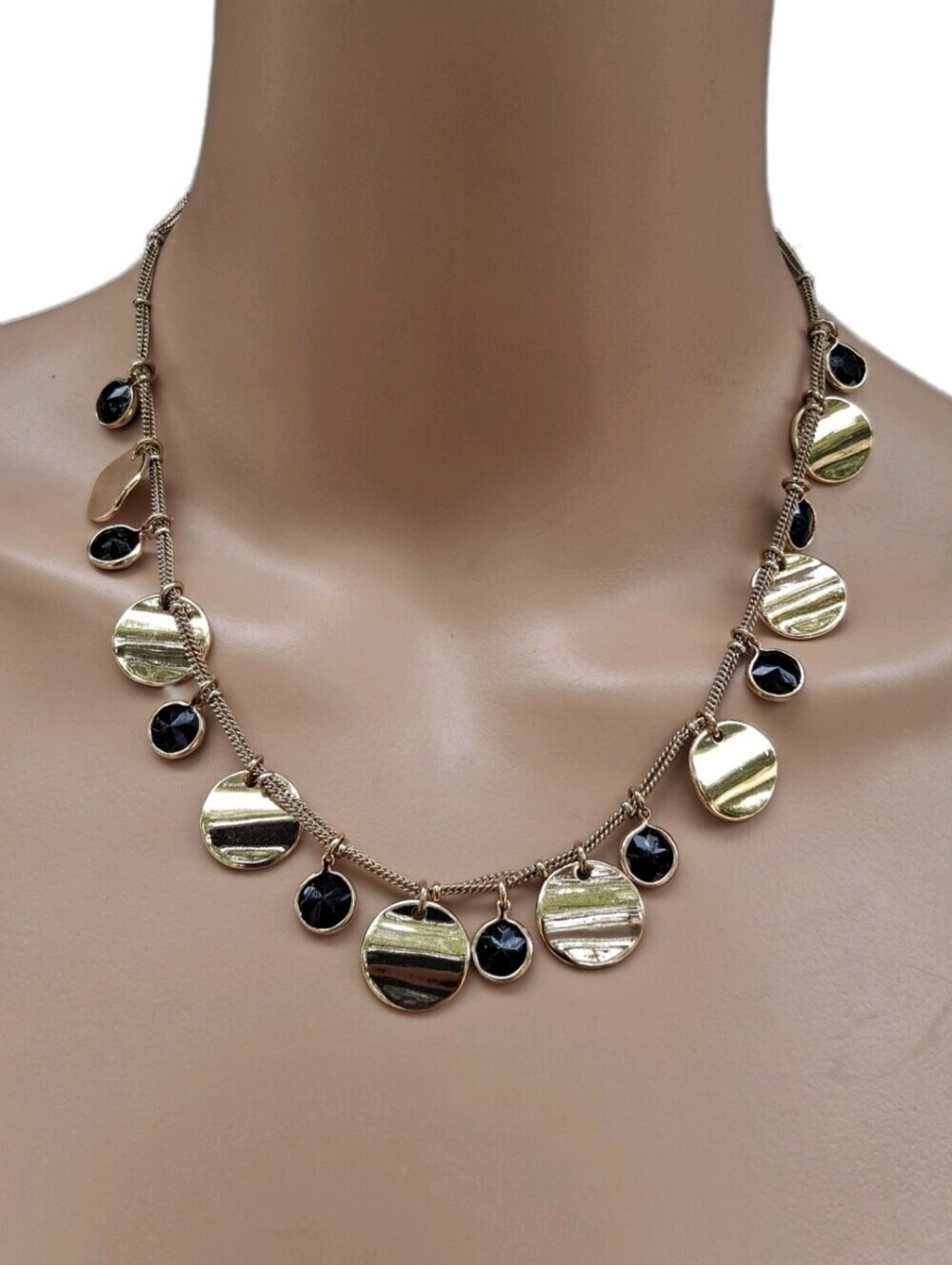 Gold Tone Disc & Black Gem Fringe Collar Necklace Multi Strand Dangle